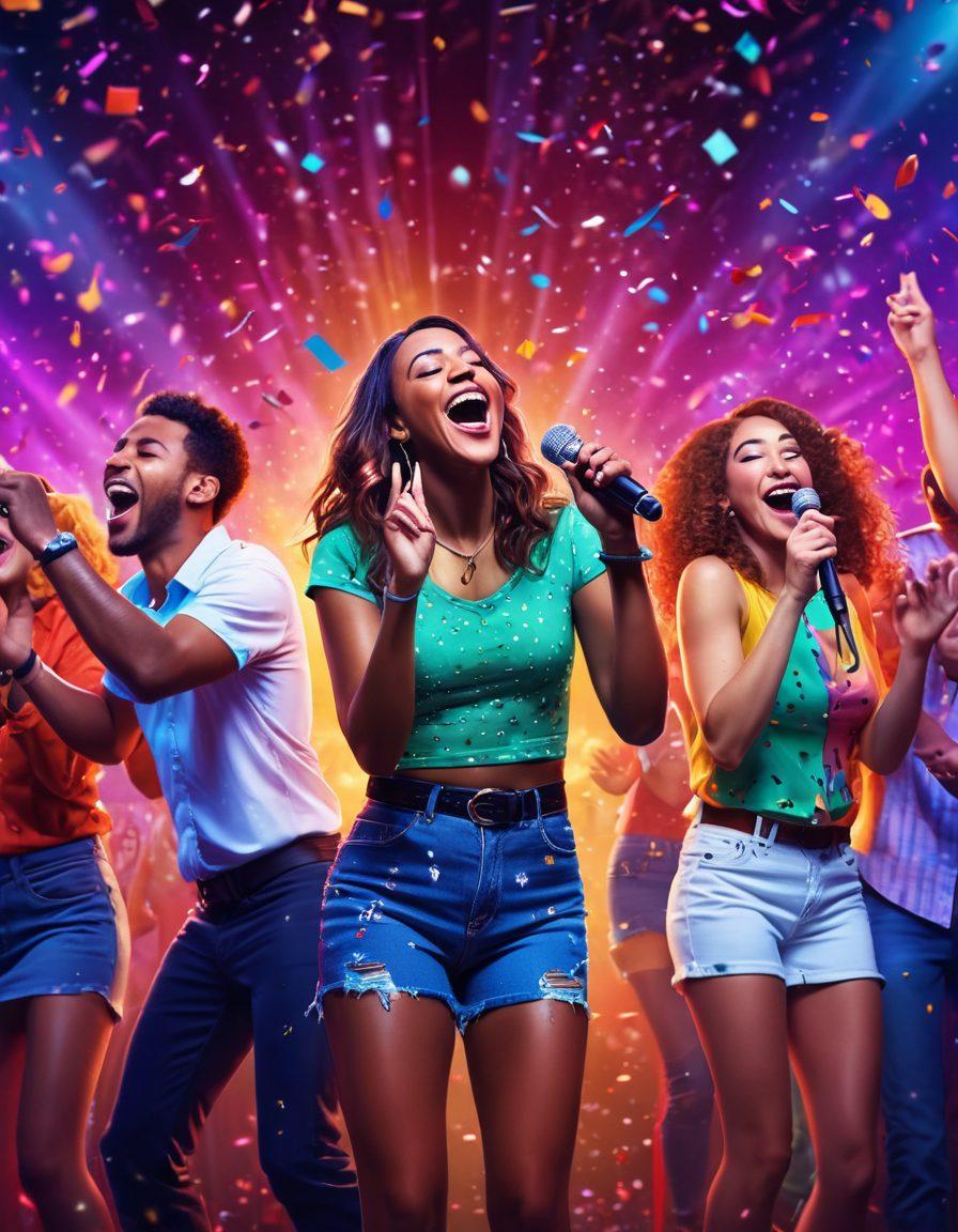 A lively karaoke scene featuring a diverse group of friends singing joyfully on stage with a microphone, colorful stage lights illuminating their smiles, confetti falling from above, and an excited audience clapping along. Capture the energy and fun of karaoke night, with musical notes dancing around. bright and vibrant colors. digital illustration.