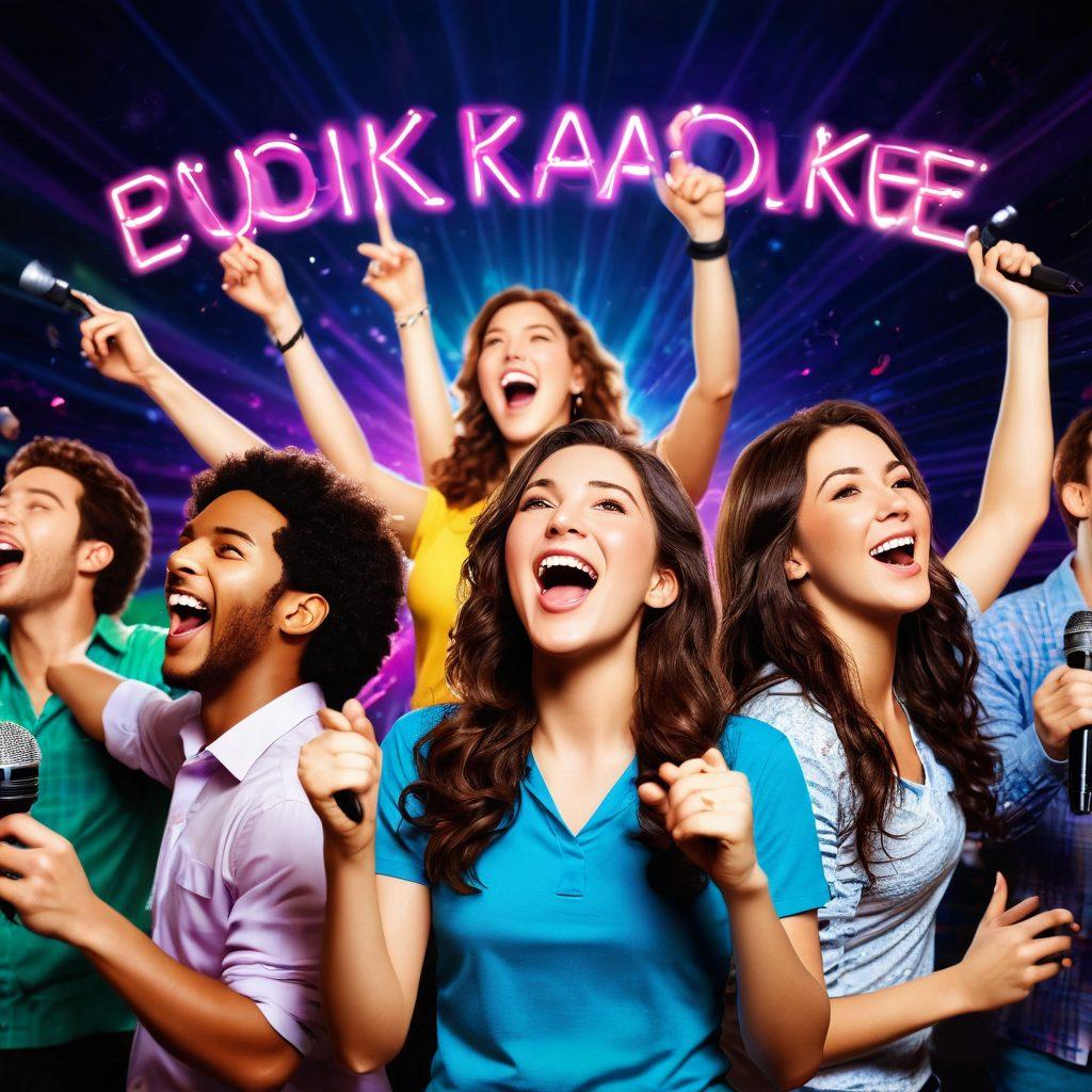 A vibrant karaoke scene filled with diverse friends joyfully singing together under colorful disco lights. Laughter and excitement radiate from the group, with microphones in hand and a backdrop of animated musical notes. Include a banner that reads 'Fun Karaoke Events' in playful font. The atmosphere should convey happiness and camaraderie. super-realistic. vibrant colors. dynamic lighting.