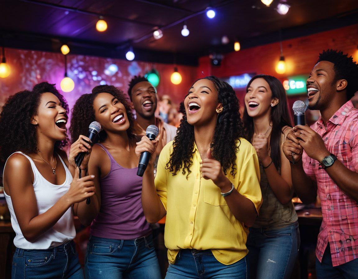 A vibrant scene of a diverse group of friends enjoying a fun karaoke night in a lively bar setting, with colorful lights reflecting off the walls. Capture their joyous expressions as they sing into microphones, surrounded by musical notes and playful decorations. Include a dynamic stage setup and a cheerful audience clapping along. Bright, warm colors to evoke a sense of excitement and joy. super-realistic. vibrant colors. 3D.